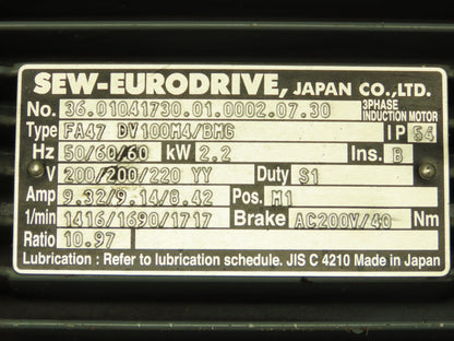Sew-Eurodrive FA47 DV100M4/BMG Brake Motor 2.2kw 1700 RPM 200/220V 3PH