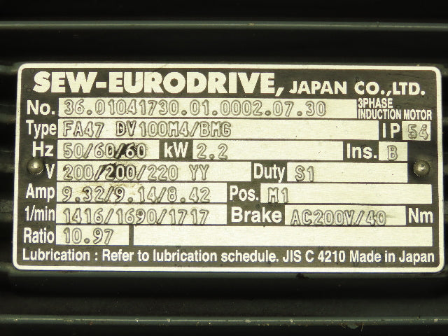 Sew-Eurodrive FA47 DV100M4/BMG Brake Motor 2.2kw 1700 RPM 200/220V 3PH