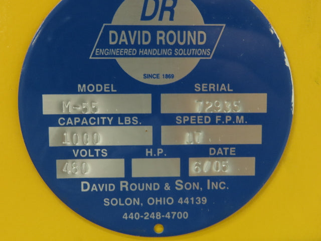David Round M55W-1-40-17 1/2Ton 1000lb Electric Cable Hoist 40' Lift 17' FPM 3Ph