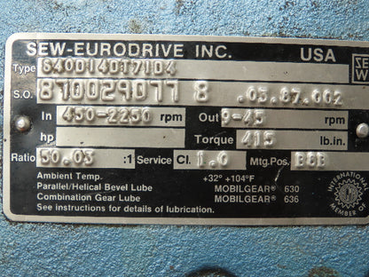 Sew-Eurodrive S40D14DT71D4 Variable Speed Gearbox 50:1 Reducer 9-45RPM LH Output
