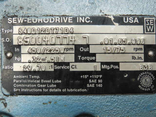 SEW EURODRIVE S40D12DT71D4 Gearbox Speed Reducer 15/75 Output RPM 29.70:1 Ratio