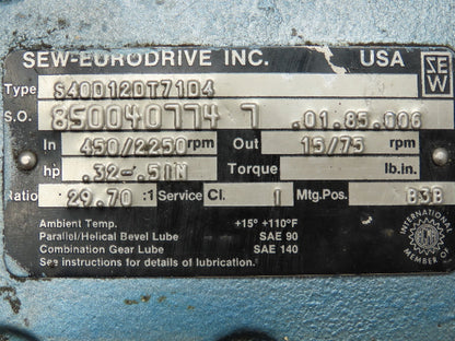 SEW EURODRIVE S40D12DT71D4 Gearbox Speed Reducer 15/75 Output RPM 29.70:1 Ratio