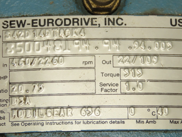 Sew-Eurodrive S42D14DT80K4 Worm Gearbox 20.75 Reducer 22-109 Variable RPM LH