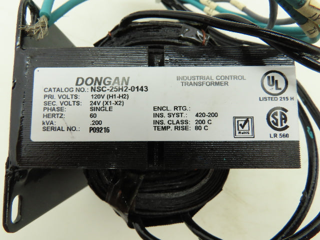 Dongan NSC-25H2-0143 Industrial Control Transformer Pri 120V Sec 24V .200kva