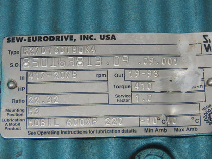 Sew-Eurodrive R27D16DT80K4 Inline Gearbox 22.3:1 Reducer 19-93 RPM  80K4 Frame