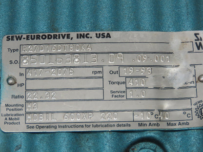 Sew-Eurodrive R27D16DT80K4 Inline Gearbox 22.3:1 Reducer 19-93 RPM  80K4 Frame