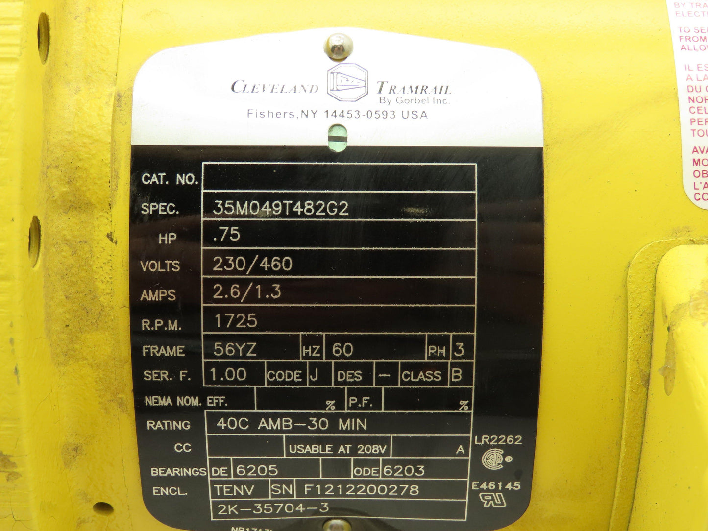 Cleveland Tramrail 35M049T482G2 Crane Motor 3/4Hp 1725 RPM 230/460V 3PH 56YZ
