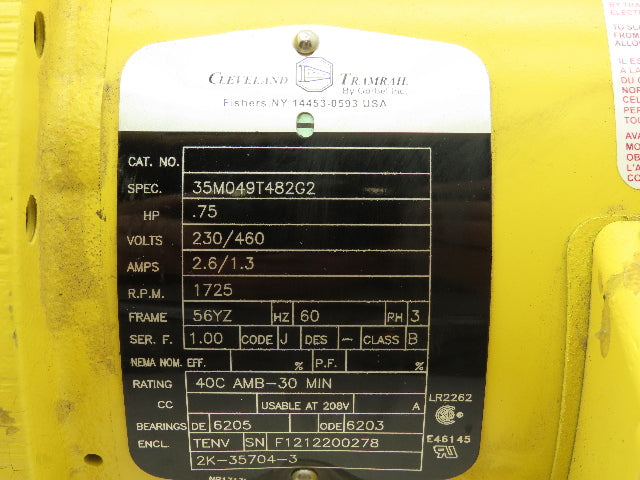 Cleveland Tramrail 35M049T482G2 Crane Motor 3/4Hp 1725 RPM 230/460V 3PH 56YZ