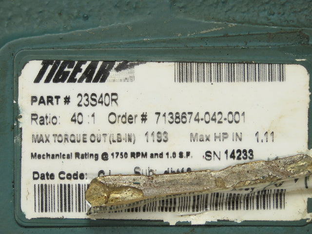 Dodge Tigear 2 23S40R Speed Reducer 40:1 Gearbox 1Hp RH 143T 1193"Lbs Torque