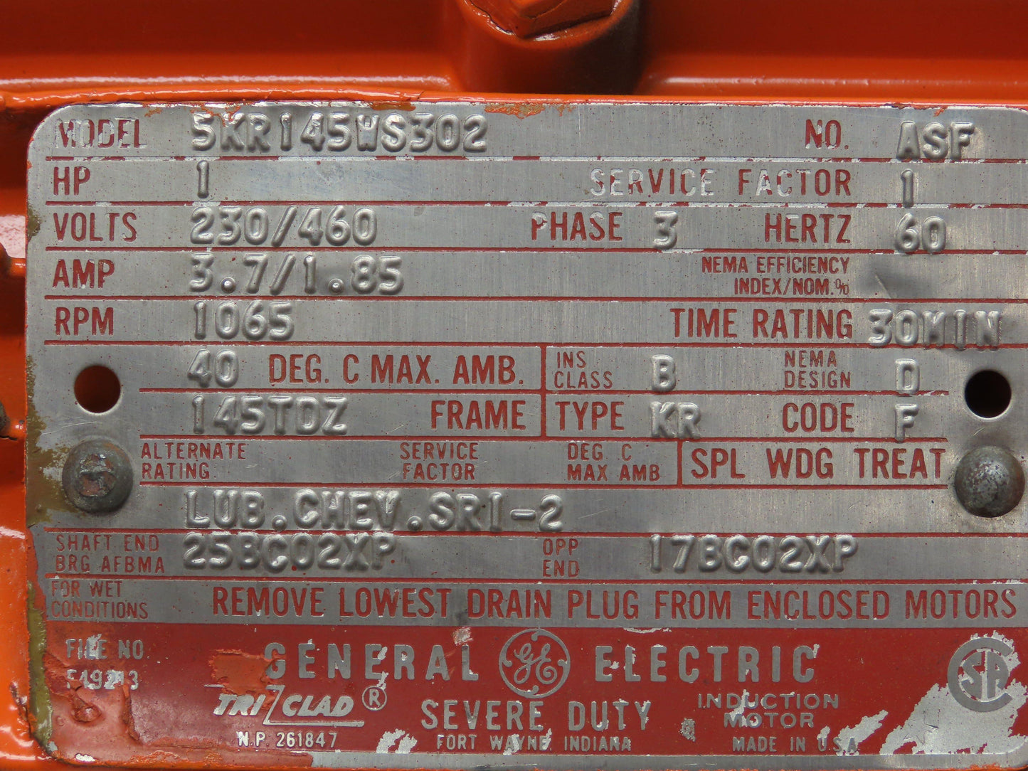 GE Tri-Clad Squirrel Cage Crane Duty AC Motor 1Hp 1065 RPM 230/460V 3PH 145TDZ