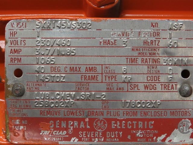 GE Tri-Clad Squirrel Cage Crane Duty AC Motor 1Hp 1065 RPM 230/460V 3PH 145TDZ