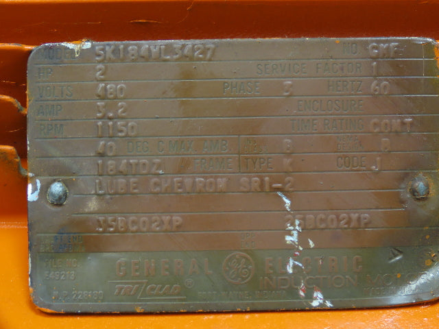 GE Tri-Clad Squirrel Cage Crane Duty AC Motor 2Hp 1150 RPM 480V 3PH 184TDZ