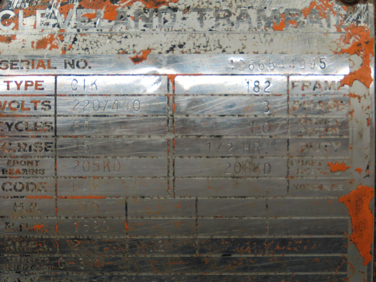 Cleveland Tramrail CIK Squirrel Cage Crane Motor 3/4Hp 1620 RPM 220/440V 3PH 182