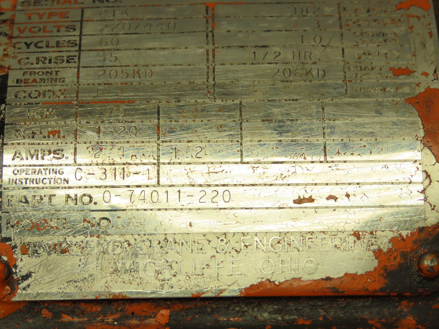 Cleveland Tramrail CIK Squirrel Cage Crane Motor 3/4Hp 1620 RPM 220/440V 3PH 182