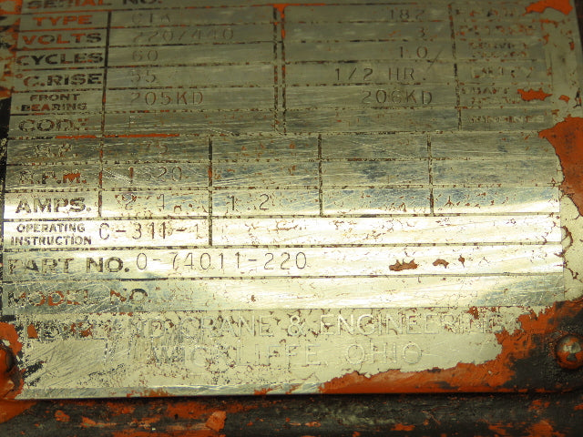 Cleveland Tramrail CIK Squirrel Cage Crane Motor 3/4Hp 1620 RPM 220/440V 3PH 182