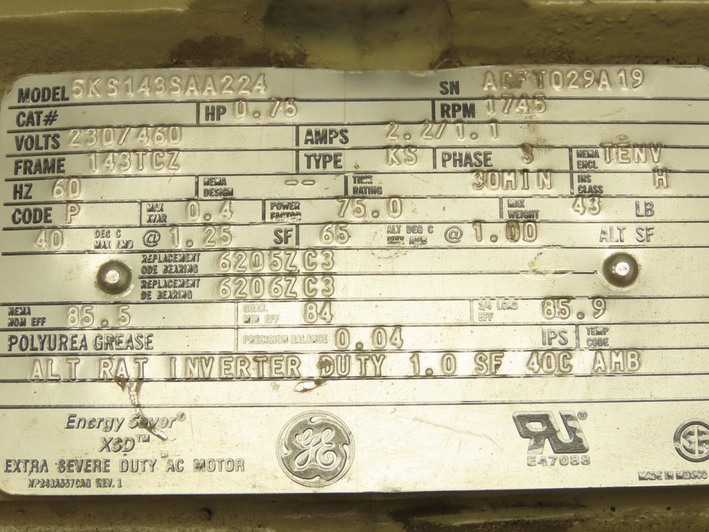 GE 5KS143SAA224 XSD Inverter Duty Crane Motor 3/4Hp 1745 RPM 230/460V 3PH 143TCZ