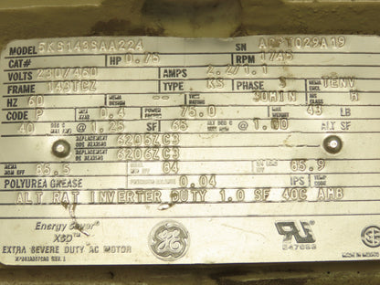 GE 5KS143SAA224 XSD Inverter Duty Crane Motor 3/4Hp 1745 RPM 230/460V 3PH 143TCZ