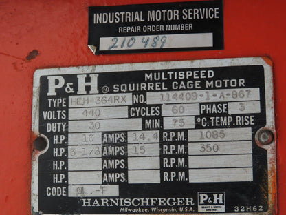 P&H HEH-364RX Squirrel Cage Crane Duty AC Motor 2-Speed 10/3Hp 1085/350 RPM 460V