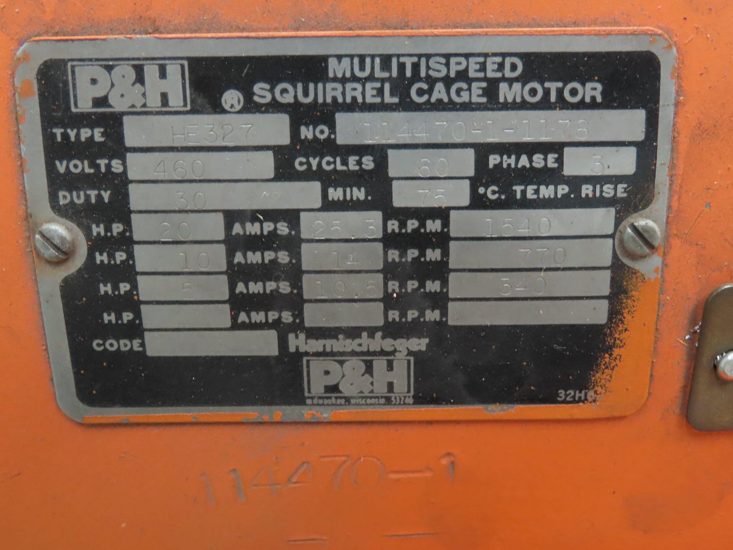 P&H HE327 Squirrel Cage Crane Duty AC Motor Multi-Speed 5-20Hp 340-1540 RPM 460V