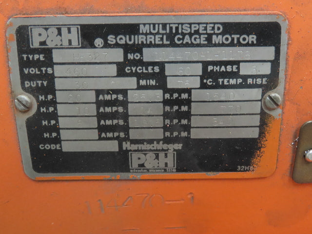 P&H HE327 Squirrel Cage Crane Duty AC Motor Multi-Speed 5-20Hp 340-1540 RPM 460V