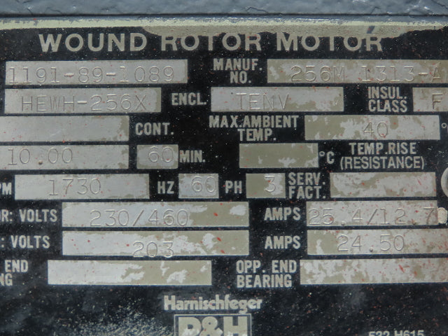 P&H HEWH-256X Wound Rotor Crane Duty AC Brake Motor 10Hp 1730 RPM 230/460V 3PH