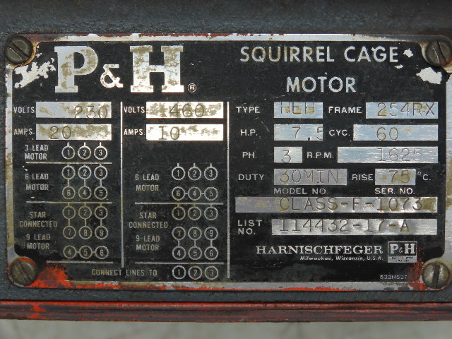 P&H HEH-254RX Squirrel Cage Crane Duty AC Motor 7.5Hp 1625 RPM 230/460V 3PH
