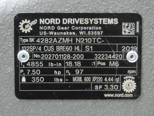 Nord SK 4282AZMH N210TC-132SP/4 Gearmotor 18:1 Reducer 7.5Hp Brakemotor 230/460V