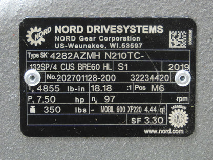 Nord SK 4282AZMH N210TC-132SP/4 Gearmotor 18:1 Reducer 7.5Hp Brakemotor 230/460V