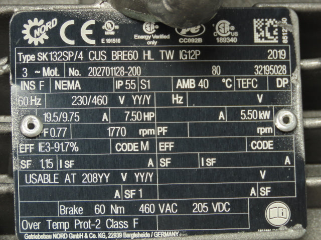 Nord SK 4282AZMH N210TC-132SP/4 Gearmotor 18:1 Reducer 7.5Hp Brakemotor 230/460V