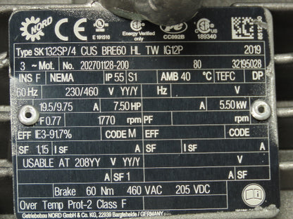 Nord SK 4282AZMH N210TC-132SP/4 Gearmotor 18:1 Reducer 7.5Hp Brakemotor 230/460V