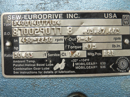Sew-Eurodrive S40D14DT71D4 Variable Speed Gearbox 50:1 Reducer 9-45RPM RH Output