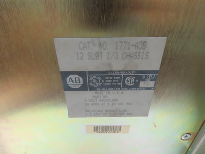 Allen Bradley 1771-A3B 12 Slot I/O Chassis 5V Backplane 24A @ 5.25 VDC Max