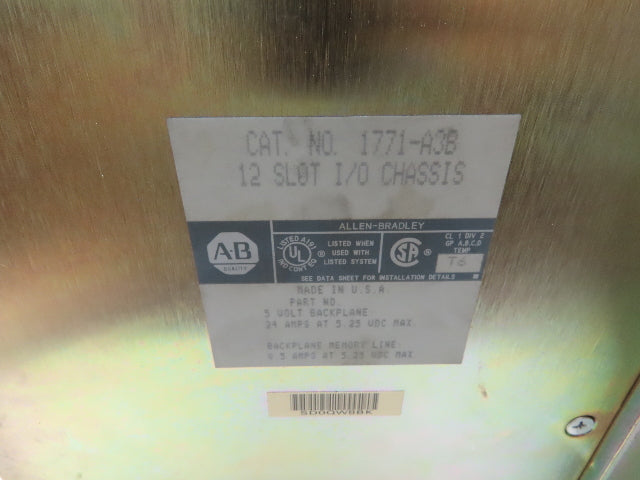 Allen Bradley 1771-A3B 12 Slot I/O Chassis 5V Backplane 24A @ 5.25 VDC Max