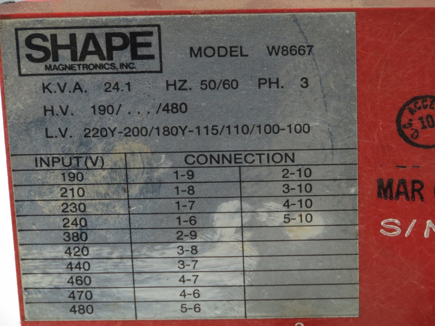 Shape Magnetronics Multi-Phase Transformer 24KVA 190/480V 180/220V 3PH  115V 1PH