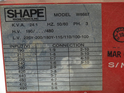 Shape Magnetronics Multi-Phase Transformer 24KVA 190/480V 180/220V 3PH  115V 1PH