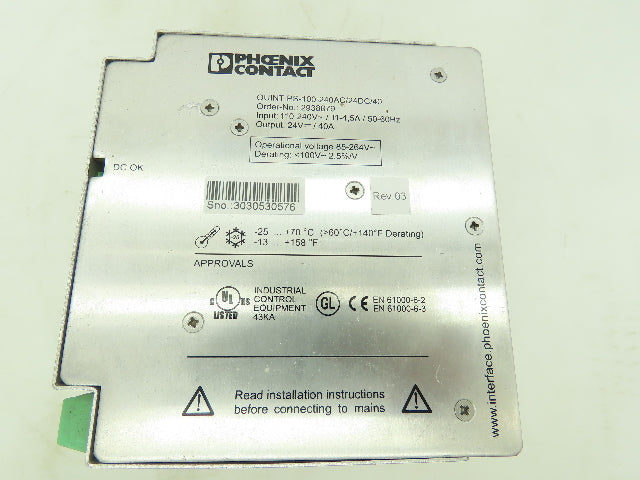 Phoenix Contact QUINT-PS-100-240AC/24DC/40 Power Supply 24VDC 40A Output 120V In