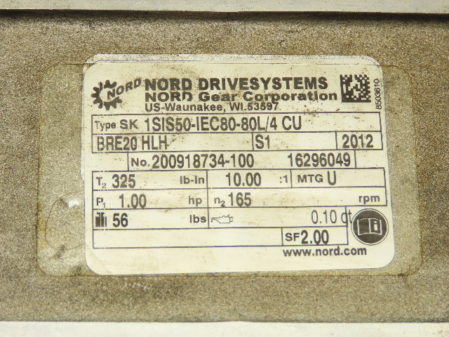 Nord SK1SIS50-IEC80-80L/4  10:1 Gearmotor 1Hp 460V 165rpm 1"Hollow Shaft w/Brake