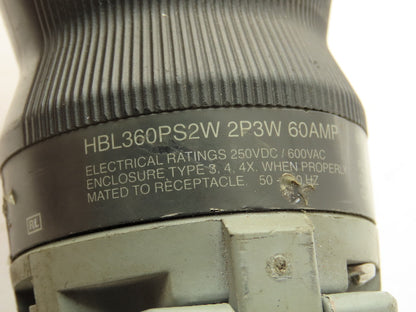 Hubbell HBL360PS2W Pin Sleeve Male Plug 2P3W 600V 60 Amp 2 Pole 3 Wire