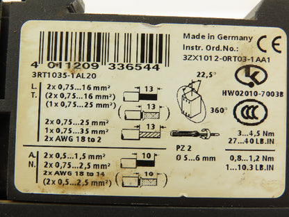 Siemens 3RT1035-1A.0 Contactor 40A 30Hp@460V 3Ph 50/60Hz