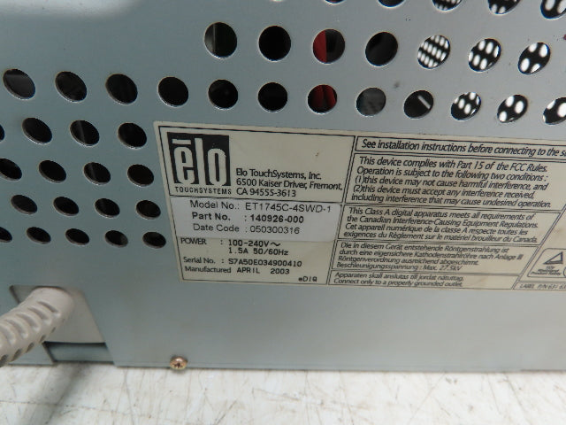 Elo ET1745C-4SWD-1 CRT LED 17" Touch Monitor Screen Rear Mount