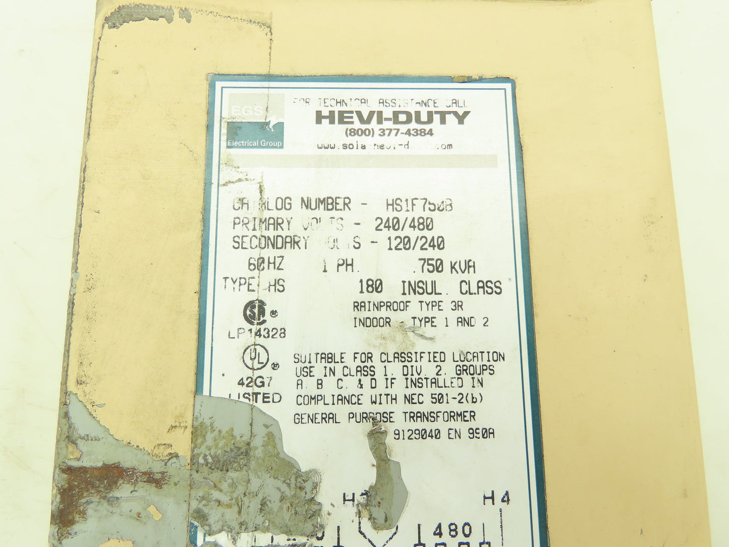 Emerson HS1F750B Hevi-Duty Transformer 0.75 KVA 1PH HV 240/480V LV 120/240V