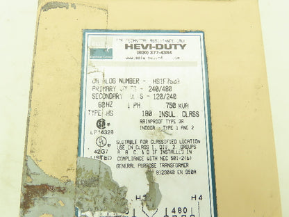 Emerson HS1F750B Hevi-Duty Transformer 0.75 KVA 1PH HV 240/480V LV 120/240V