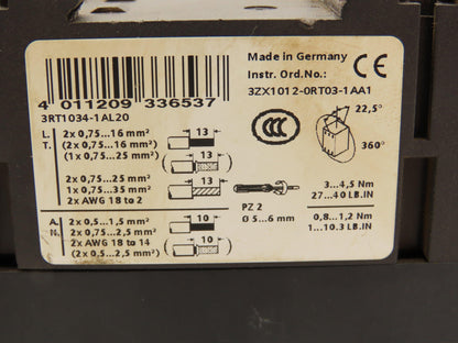 Siemens 3RT1034-1A.0 Contactor 400VAC 32A 15KW 3PH 30HP