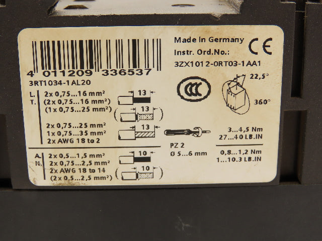Siemens 3RT1034-1A.0 Contactor 400VAC 32A 15KW 3PH 30HP