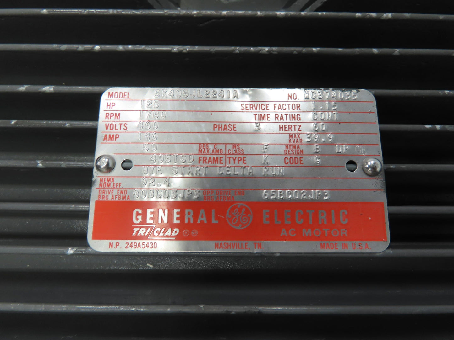 General Electric 5K405JL2241A GE Motor 125Hp 1780RPM 460V 3Ph 405TSD 2-1/8"