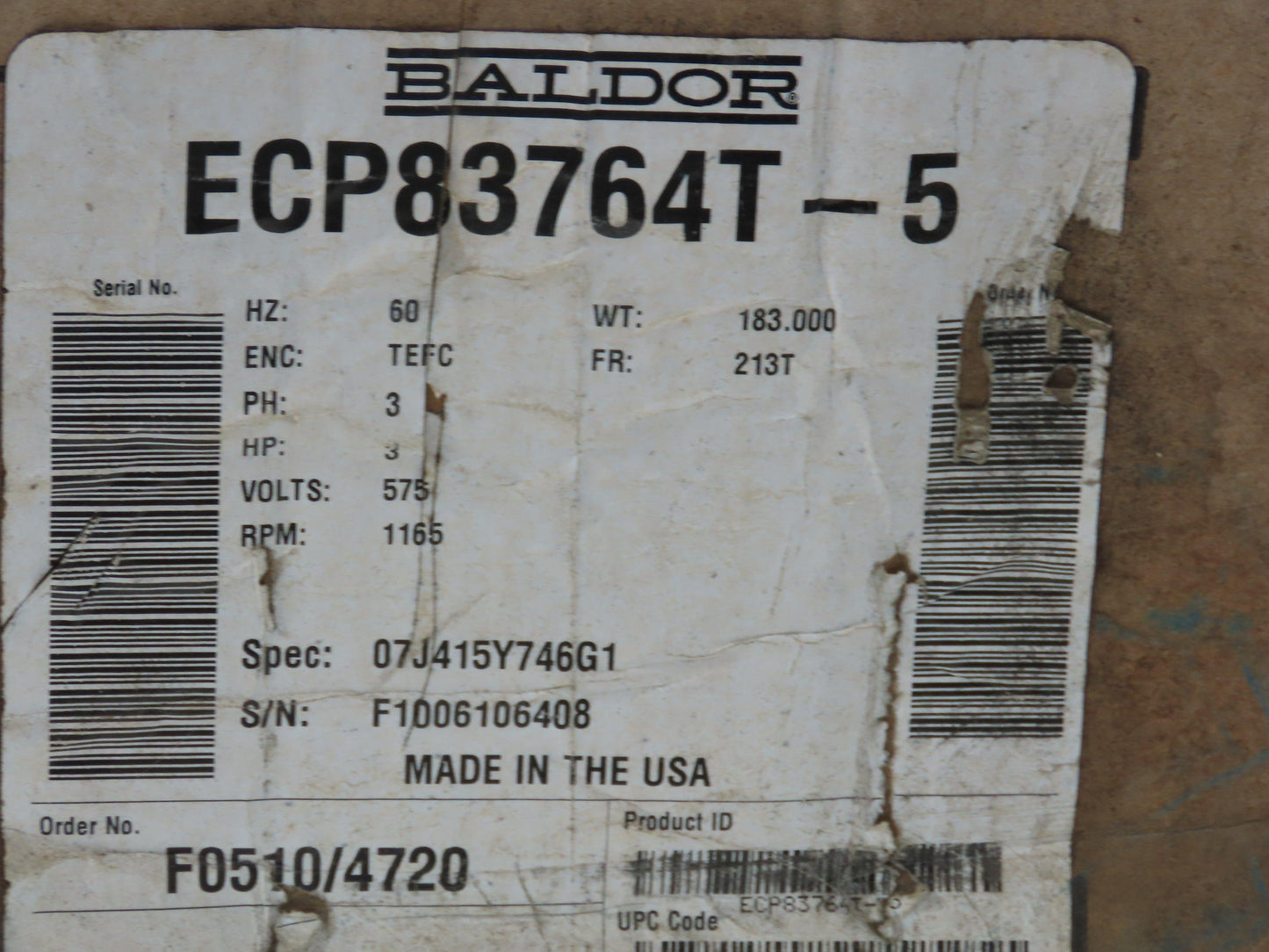 Baldor ECP83764T-5 Super-E Severe Duty AC Motor 3Hp 1165 RPM 575V 3PH 213T
