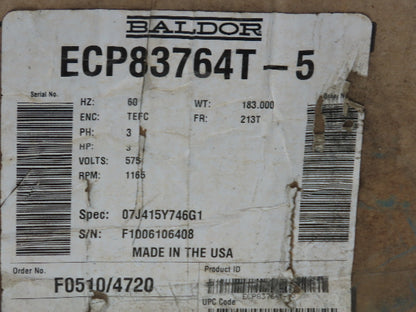 Baldor ECP83764T-5 Super-E Severe Duty AC Motor 3Hp 1165 RPM 575V 3PH 213T