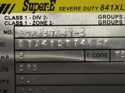 Baldor ECP83764T-5 Super-E Severe Duty AC Motor 3Hp 1165 RPM 575V 3PH 213T