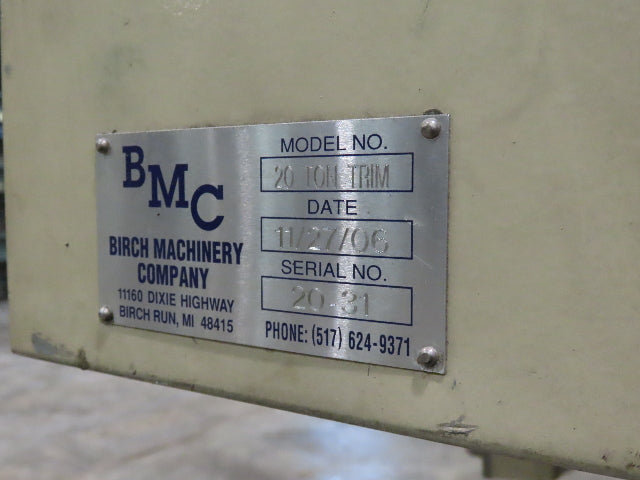 Birch 20 Ton 4-Post Vertical Hydraulic Die Casting Trim Press 25Hp 460V