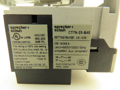 Sprecher Schuh CT7N-23-B40 Motor Starter Overload 2.9-4A Trip 600V 3Ph 120V Coil